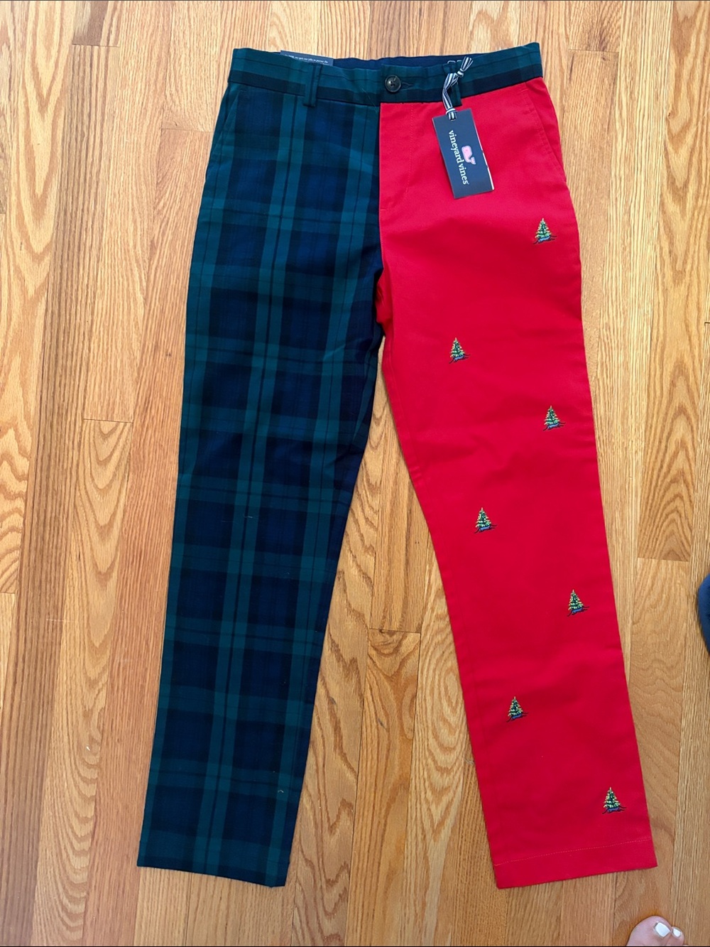 Vineyard Vines Kids Two-Tone Green Plaid & Red Pants with Embroidered Trees